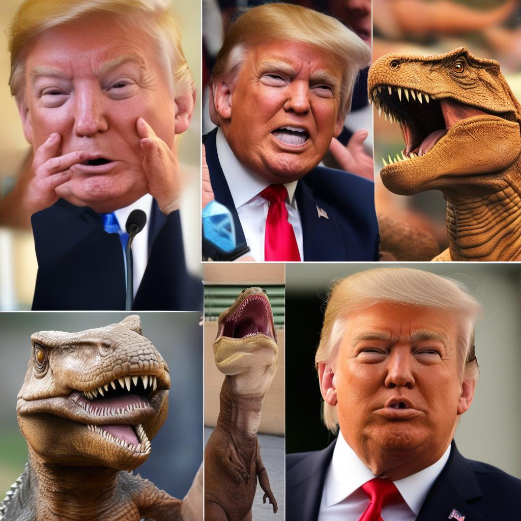 A compilation of popular Donald Trump memes. Trump with strange hairstyles, making exaggerated expressions, or inserted into unexpected scenarios such as riding a T-Rex or dancing the Macarena. A humorous representation of pop culture politics.