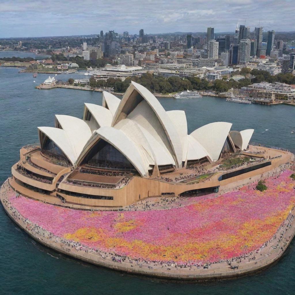 The Sydney Opera House composed entirely of a myriad of colorful flower petals