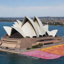 The Sydney Opera House composed entirely of a myriad of colorful flower petals