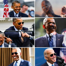 A montage of favored Joe Biden memes. Biden whispering in Obama's ear, sporting aviator sunglasses, or engaged in comically exaggerated policymaking scenarios. A playful visual take on his political persona.