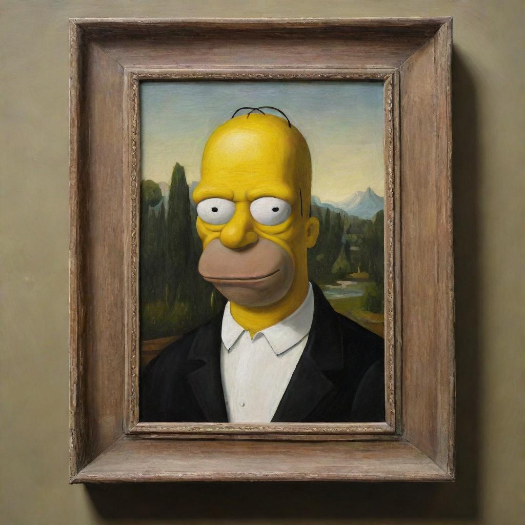 An oil painting of Homer Simpson, depicted in the style and pose of the Mona Lisa, with subtle humour and strong resemblances.