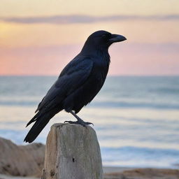 A detailed image of a crow perched on a driftwood piece, with the serene sea in the background during sunset.