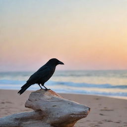 A detailed image of a crow perched on a driftwood piece, with the serene sea in the background during sunset.