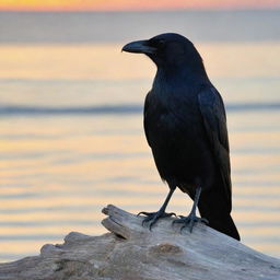 A detailed image of a crow perched on a driftwood piece, with the serene sea in the background during sunset.