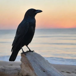 A detailed image of a crow perched on a driftwood piece, with the serene sea in the background during sunset.