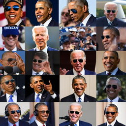 A montage of favored Joe Biden memes. Biden whispering in Obama's ear, sporting aviator sunglasses, or engaged in comically exaggerated policymaking scenarios. A playful visual take on his political persona.