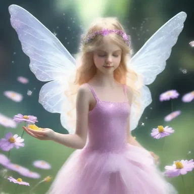 The dainty fairy fluttered her wings as she sprinkled magical dust around.