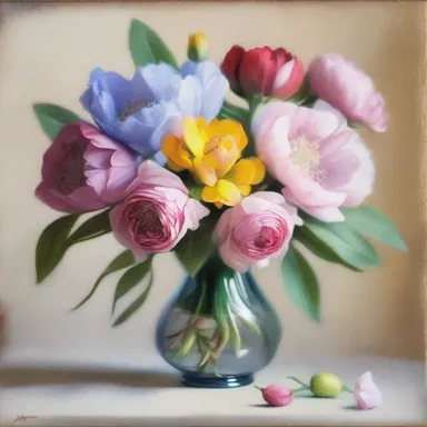 The artist painted a still life of a dainty bouquet of flowers, capturing every delicate petal and vibrant color.