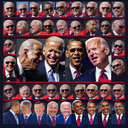 A montage of favored Joe Biden memes. Biden whispering in Obama's ear, sporting aviator sunglasses, or engaged in comically exaggerated policymaking scenarios. A playful visual take on his political persona.