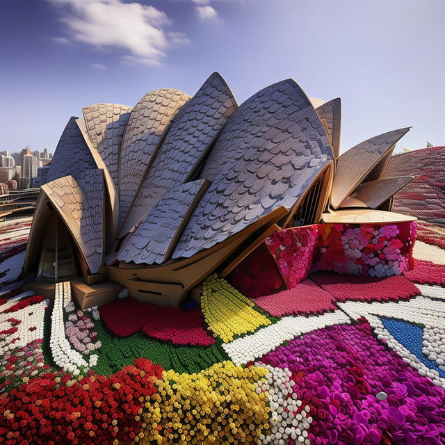 Sydney Opera House intricately designed using a myriad of vibrant and colourful flower petals