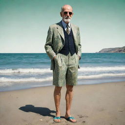 High quality, hand-drawn effect image of Sigmund Freud, full body, standing at a beach with the sea on the left. He is without an upper garment, wearing black sunglasses, floral green shorts, and blue sandals, smoking a cigarette with a humorous aspect.