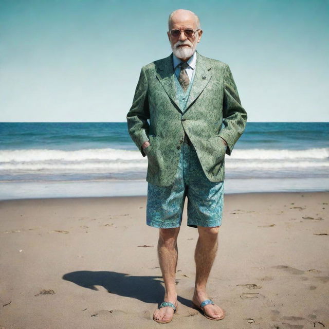 High quality, hand-drawn effect image of Sigmund Freud, full body, standing at a beach with the sea on the left. He is without an upper garment, wearing black sunglasses, floral green shorts, and blue sandals, smoking a cigarette with a humorous aspect.