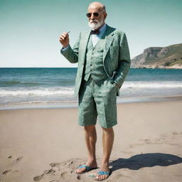 High quality, hand-drawn effect image of Sigmund Freud, full body, standing at a beach with the sea on the left. He is without an upper garment, wearing black sunglasses, floral green shorts, and blue sandals, smoking a cigarette with a humorous aspect.