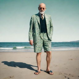 High quality, hand-drawn effect image of Sigmund Freud, full body, standing at a beach with the sea on the left. He is without an upper garment, wearing black sunglasses, floral green shorts, and blue sandals, smoking a cigarette with a humorous aspect.