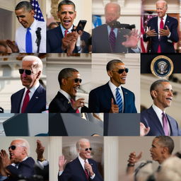 A montage of favored Joe Biden memes. Biden whispering in Obama's ear, sporting aviator sunglasses, or engaged in comically exaggerated policymaking scenarios. A playful visual take on his political persona.