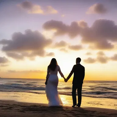 The couple reveled in the beauty of the sunset while holding hands on the beach.