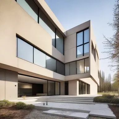 The use of neutral colors and simple forms creates a sense of generality in the design of this modern building.