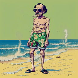 A high-quality, lighthearted, full-body drawing of Sigmund Freud at the beach, with the sea to his left. He's wearing black sunglasses, floral green shorts, and blue sandals, with no upper clothing. He's smoking a cigarette, adding to the fun atmosphere.