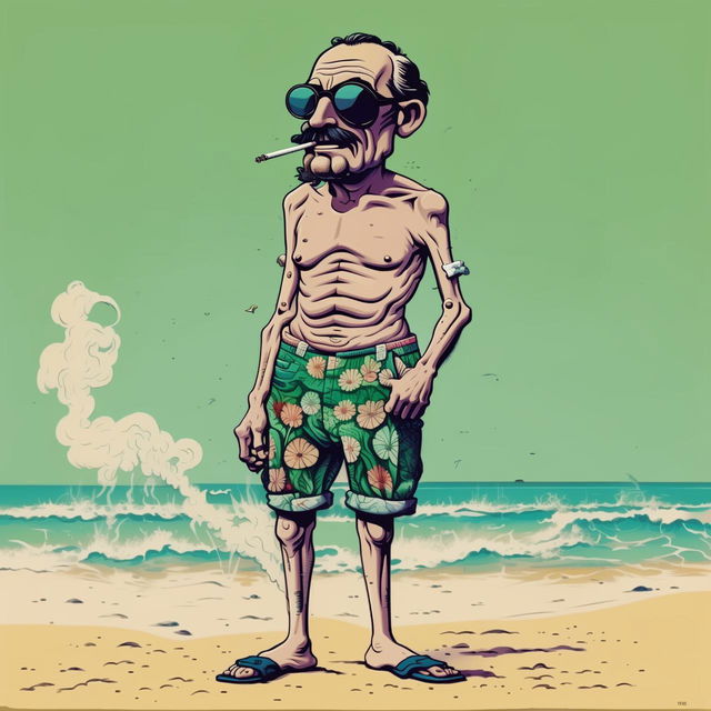 A high-quality, lighthearted, full-body drawing of Sigmund Freud at the beach, with the sea to his left. He's wearing black sunglasses, floral green shorts, and blue sandals, with no upper clothing. He's smoking a cigarette, adding to the fun atmosphere.