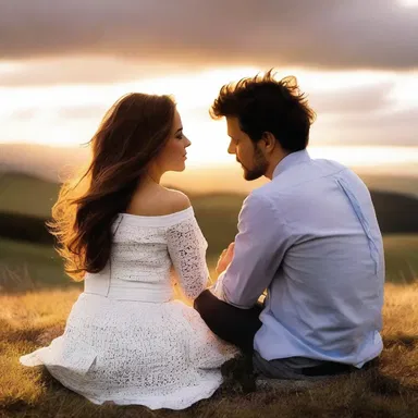 As they sat on the hillside watching the sunset, Sarah leaned over and kissed Tom at an oblique angle.