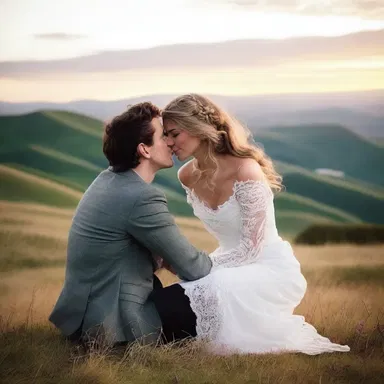 As they sat on the hillside watching the sunset, Sarah leaned over and kissed Tom at an oblique angle.
