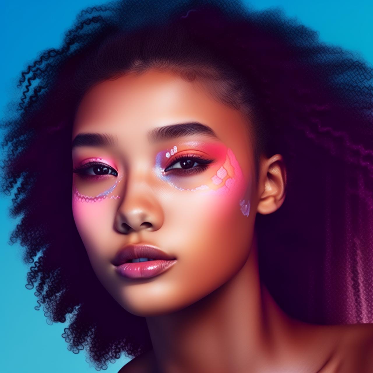 An Arabian-Japanese-Black mixed race Gen Z individual with fresh, dewy glass-like skin, depicted in a diverse color palette highlighting their unique beauty