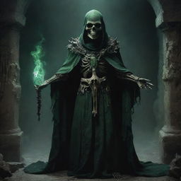 A menacing Lich wielding dark magic in an ancient, creepy catacomb. Its skeletal form is cloaked in tattered robes, with eerie green fire in its eye sockets. The background is filled with old bones and cryptic symbols.