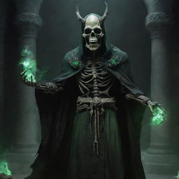 A menacing Lich wielding dark magic in an ancient, creepy catacomb. Its skeletal form is cloaked in tattered robes, with eerie green fire in its eye sockets. The background is filled with old bones and cryptic symbols.