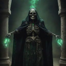 A menacing Lich wielding dark magic in an ancient, creepy catacomb. Its skeletal form is cloaked in tattered robes, with eerie green fire in its eye sockets. The background is filled with old bones and cryptic symbols.