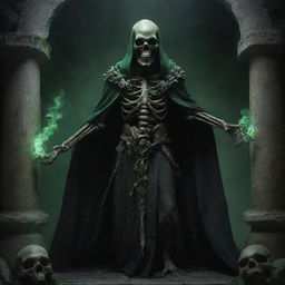 A menacing Lich wielding dark magic in an ancient, creepy catacomb. Its skeletal form is cloaked in tattered robes, with eerie green fire in its eye sockets. The background is filled with old bones and cryptic symbols.