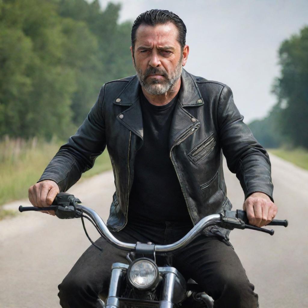 Negan from The Walking Dead, known for his iconic leather jacket, riding a bike in a post-apocalyptic setting.