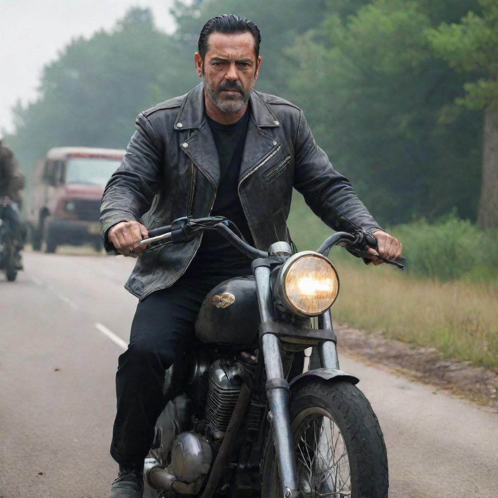 Negan from The Walking Dead, known for his iconic leather jacket, riding a bike in a post-apocalyptic setting.