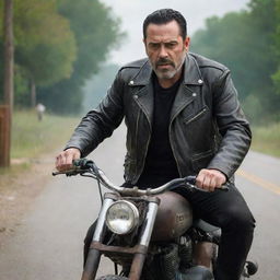 Negan from The Walking Dead, known for his iconic leather jacket, riding a bike in a post-apocalyptic setting.