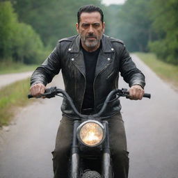 Negan from The Walking Dead, known for his iconic leather jacket, riding a bike in a post-apocalyptic setting.