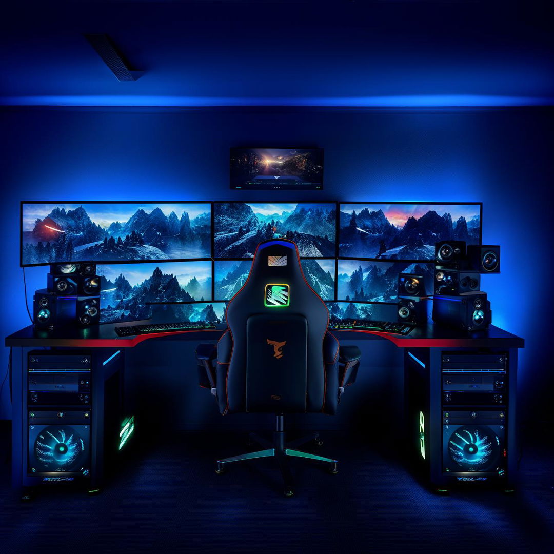 An incredible high-end gaming setup with multiple monitors, a futuristic gaming PC, LED backlighting, and an immersive sound system.