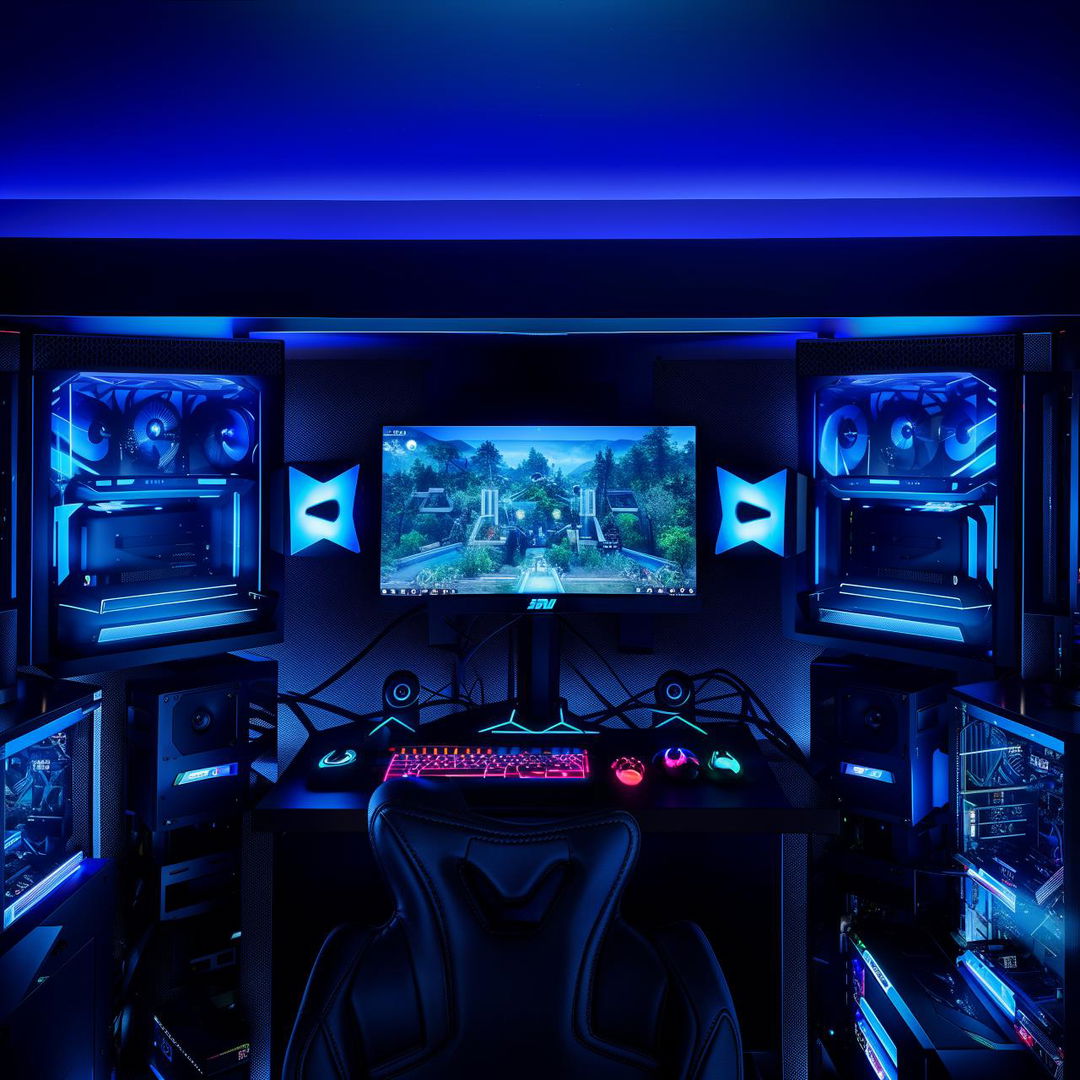 An incredible high-end gaming setup with multiple monitors, a futuristic gaming PC, LED backlighting, and an immersive sound system.