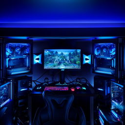 An incredible high-end gaming setup with multiple monitors, a futuristic gaming PC, LED backlighting, and an immersive sound system.