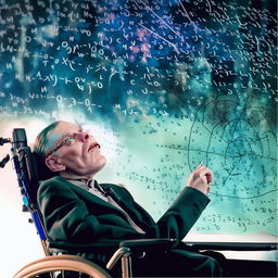 Stephen Hawking in his wheelchair, looking up at a small, engrossed figure writing complex mathematical equations in the sky.