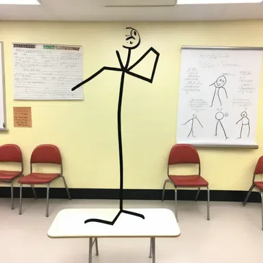 During the art class, the teacher made a funny delineation of a stick figure that made the students burst into laughter.