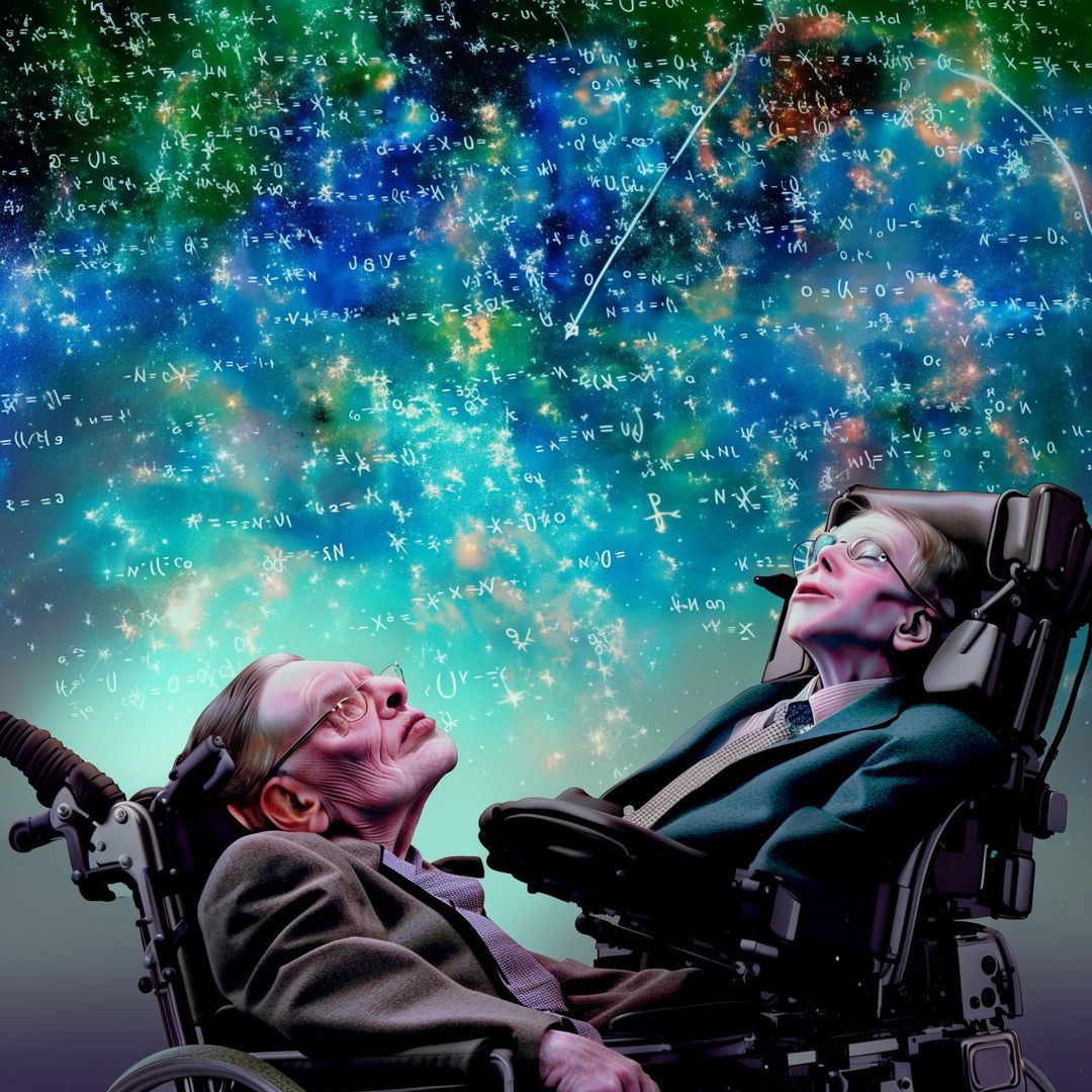 Stephen Hawking in his wheelchair, looking up at a small, engrossed figure writing complex mathematical equations in the sky.