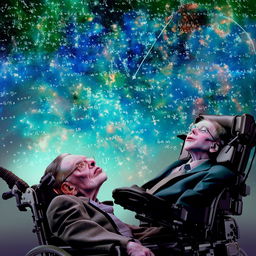 Stephen Hawking in his wheelchair, looking up at a small, engrossed figure writing complex mathematical equations in the sky.