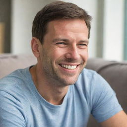 A happy man sitting down, expressing a joyful smile on his face as he is lost in thought about his loved one.