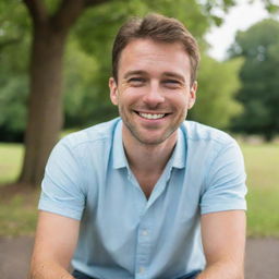 A happy man sitting down, expressing a joyful smile on his face as he is lost in thought about his loved one.