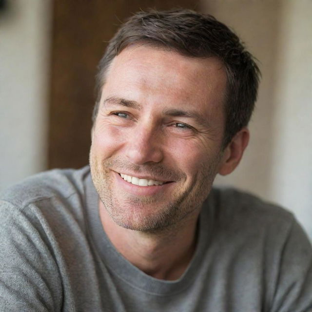 A happy man sitting down, expressing a joyful smile on his face as he is lost in thought about his loved one.