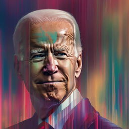 An unusual image of Joe Biden in a 'glitch' art style. His form is replicated, distorted and fragmented in a digital space, suggesting a simulation error or a surreal take on his persona.