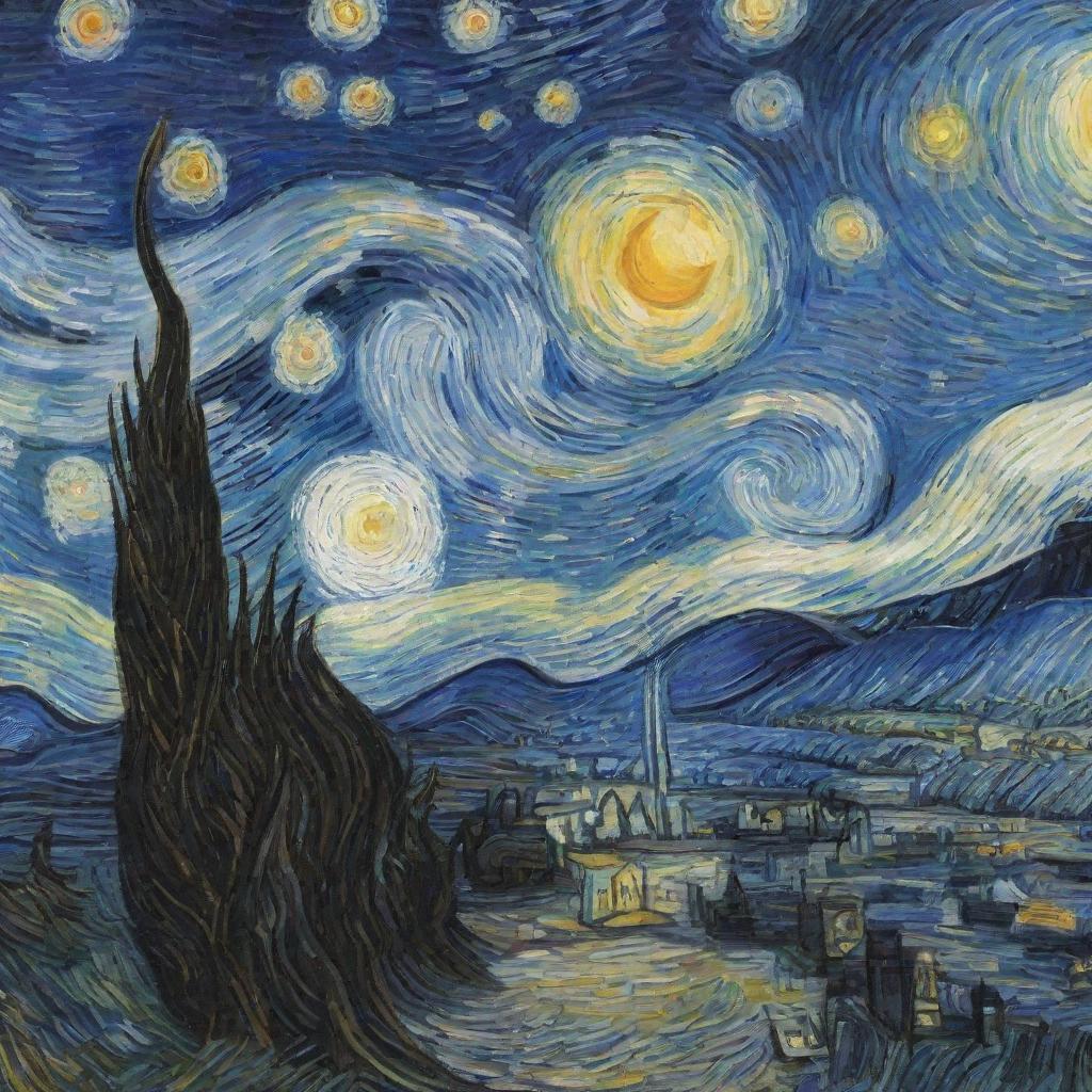 Digitally redesign Van Gogh's Starry Night with an advanced, more intricate artistic style, maintaining the original aesthetics but enhancing the detail and brilliance.