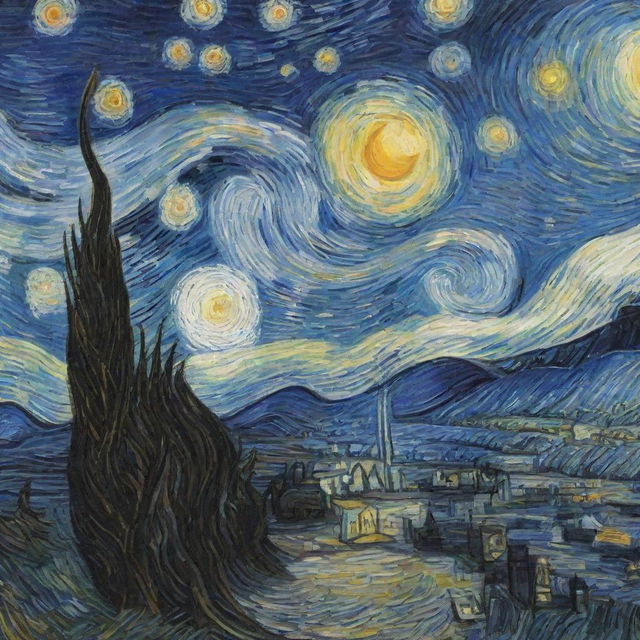 Digitally redesign Van Gogh's Starry Night with an advanced, more intricate artistic style, maintaining the original aesthetics but enhancing the detail and brilliance.