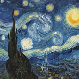 Digitally redesign Van Gogh's Starry Night with an advanced, more intricate artistic style, maintaining the original aesthetics but enhancing the detail and brilliance.