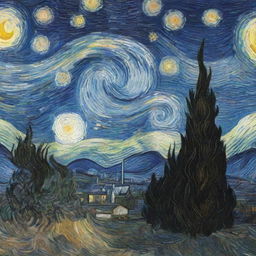 Digitally redesign Van Gogh's Starry Night with an advanced, more intricate artistic style, maintaining the original aesthetics but enhancing the detail and brilliance.