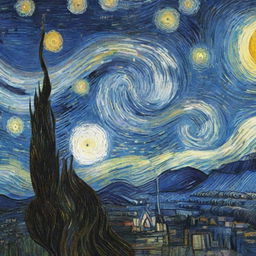 Digitally redesign Van Gogh's Starry Night with an advanced, more intricate artistic style, maintaining the original aesthetics but enhancing the detail and brilliance.